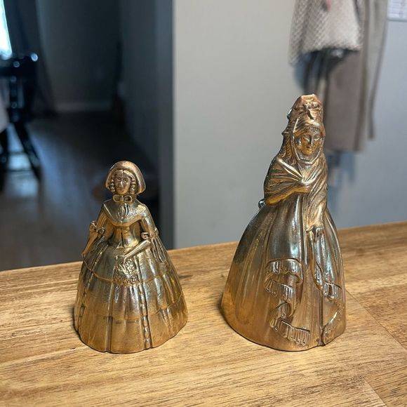 Brass lady vintage antique dinner bells large shawl small Victorian collectable - Picture 1 of 4